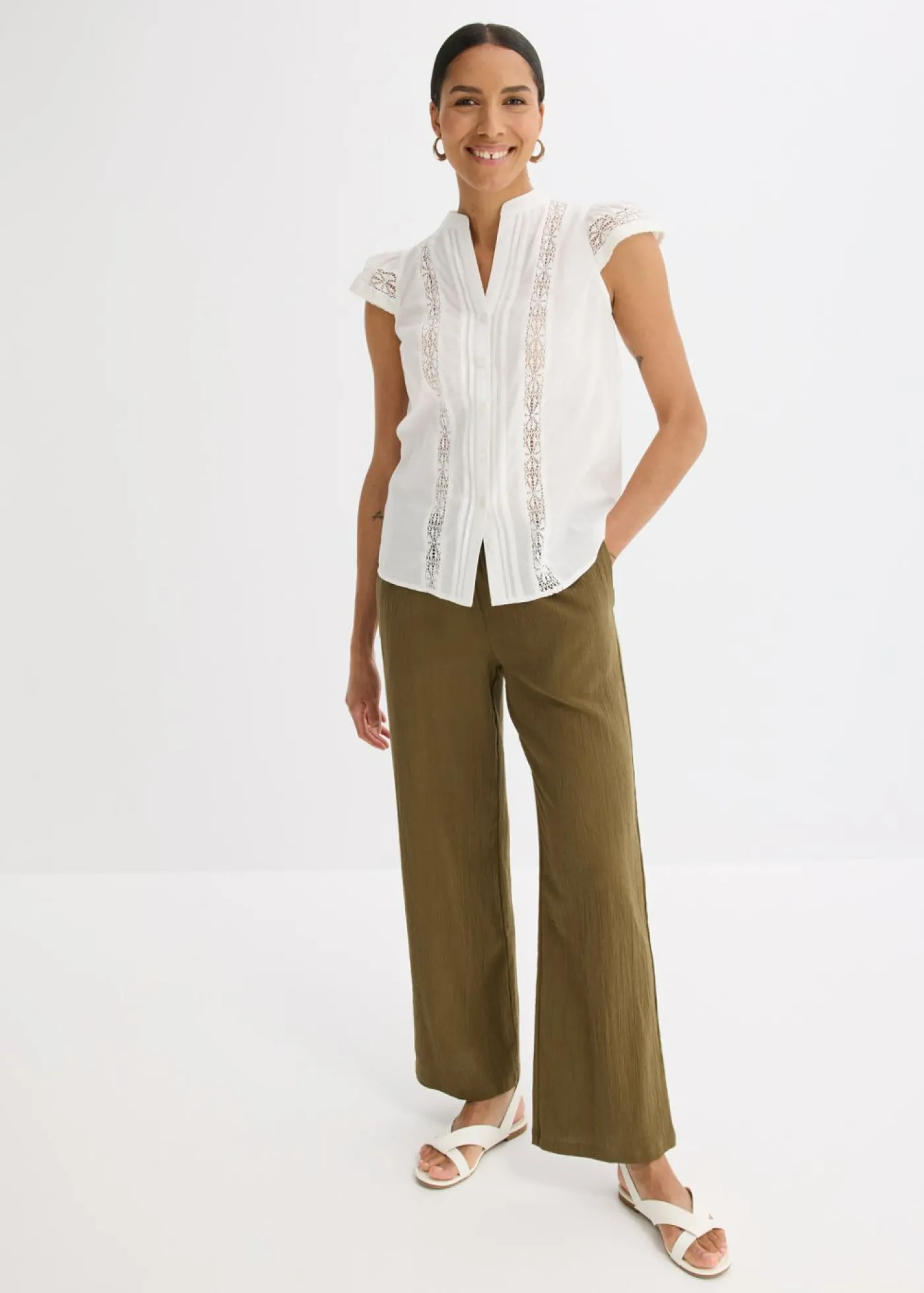 bonprix bonprix Blusa sin mangas de algodón puro con bordado calado Blanco lana