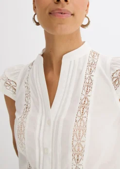 bonprix bonprix Blusa sin mangas de algodón puro con bordado calado Blanco lana