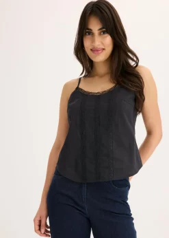 bonprix bonprix Blusa sin mangas de algodón puro con bordado calado Negro Discount