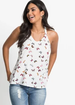 bonprix bonprix Blusa sin mangas de viscosa pura Blanco estampado Sale