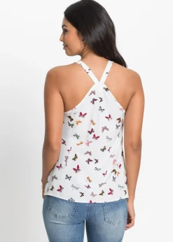 bonprix bonprix Blusa sin mangas de viscosa pura Blanco estampado Sale