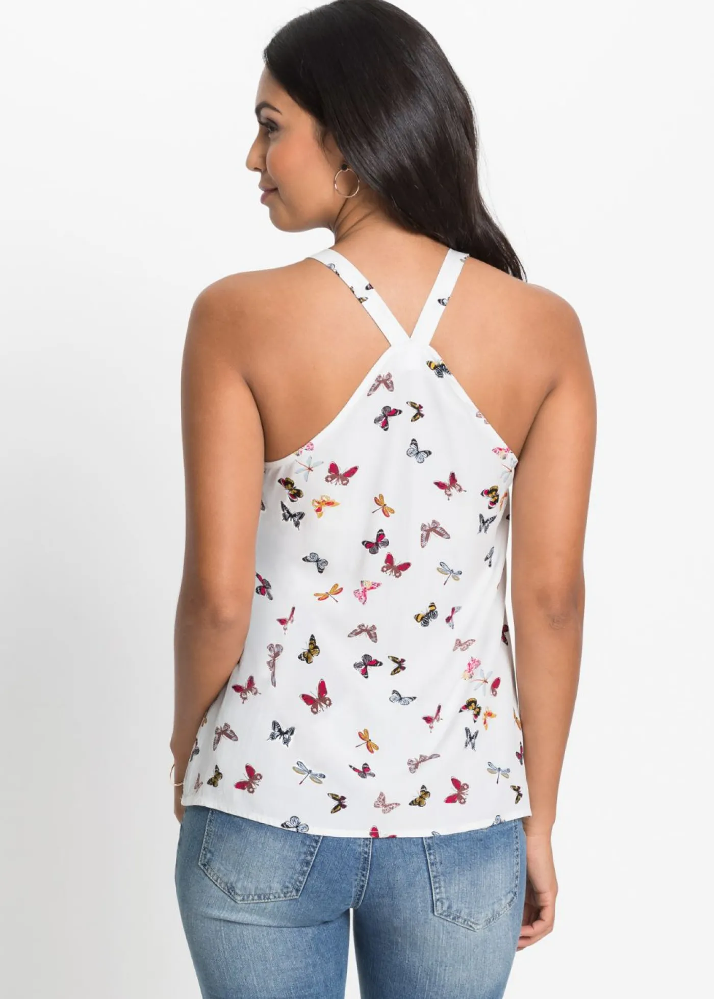 bonprix bonprix Blusa sin mangas de viscosa pura Blanco estampado Sale