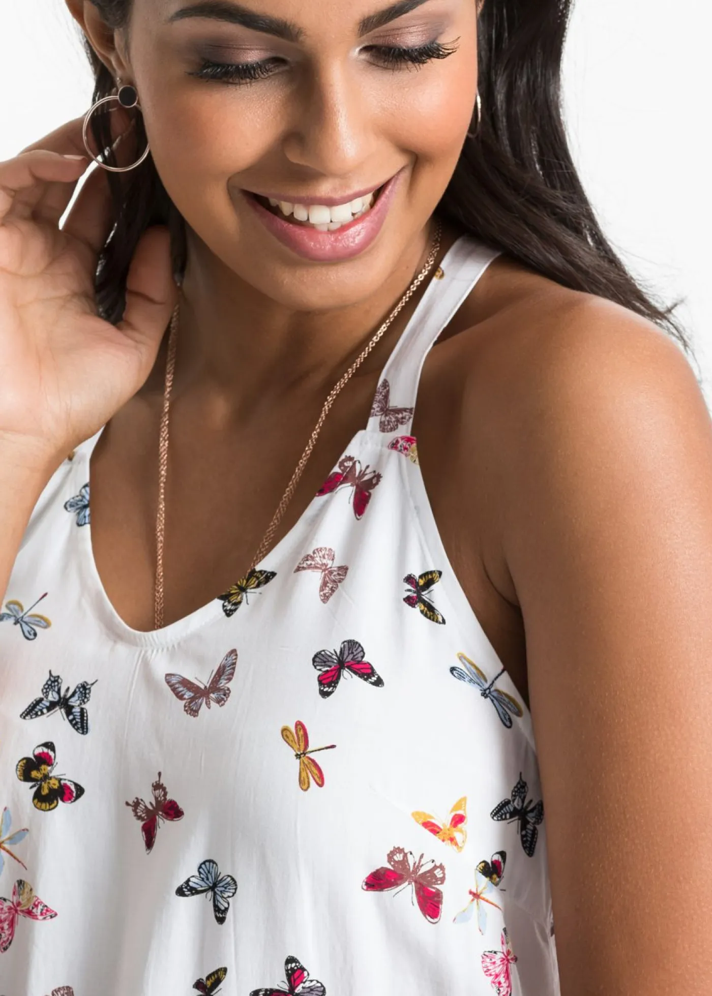 bonprix bonprix Blusa sin mangas de viscosa pura Blanco estampado Sale
