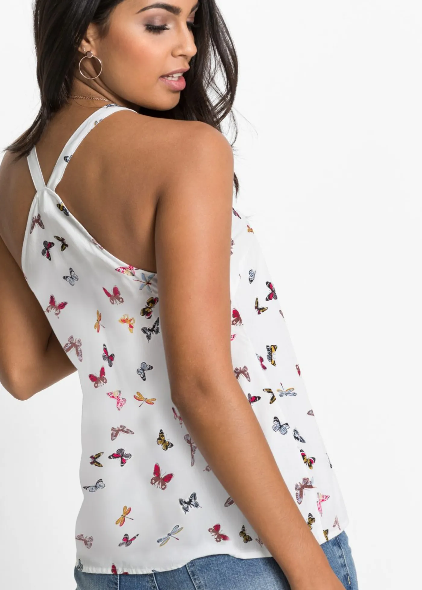 bonprix bonprix Blusa sin mangas de viscosa pura Blanco estampado Sale