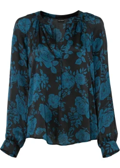 bonprix bonprix Blusa tipo túnica con ligero crepé Negro/azul petróleo de flores