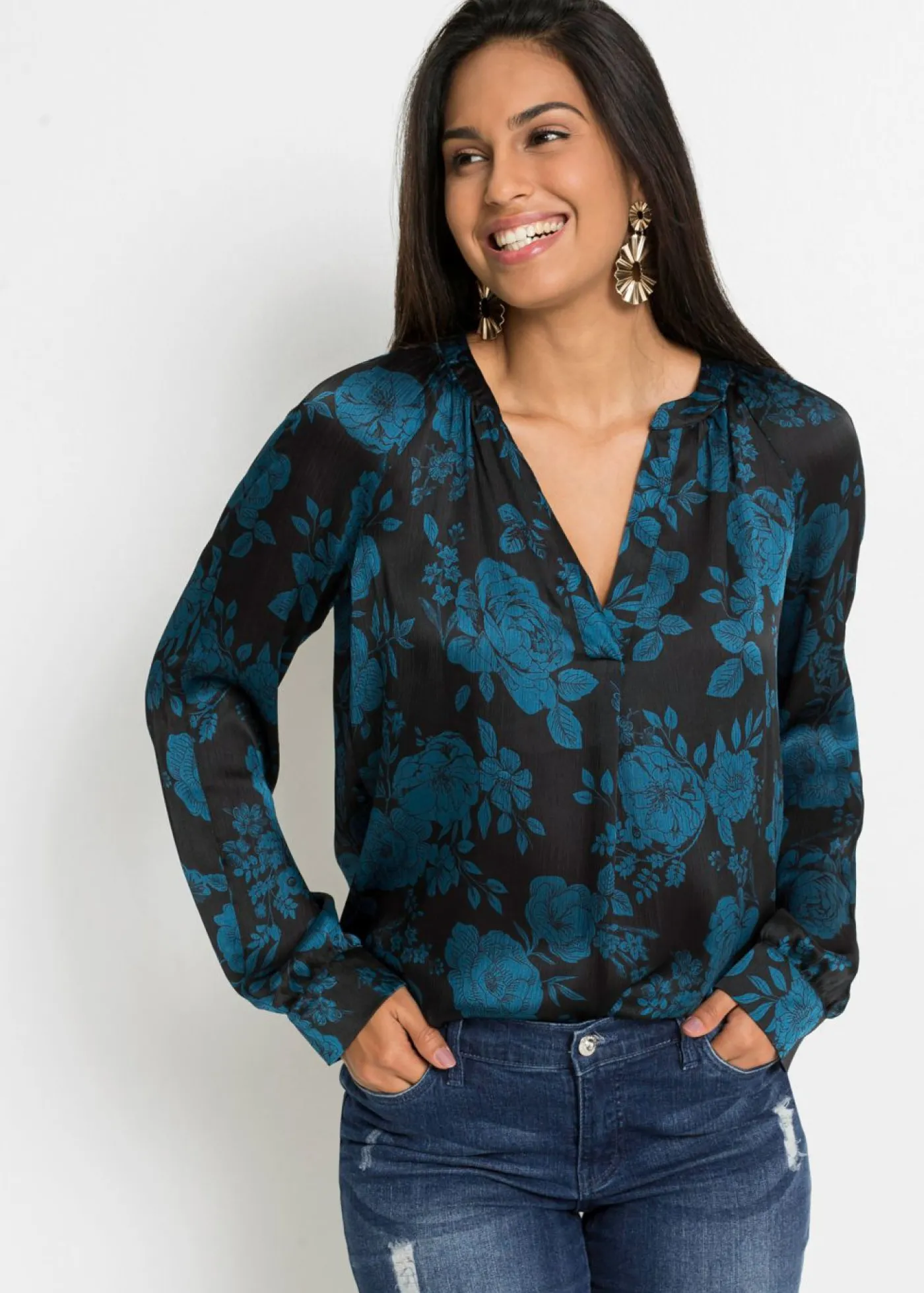 bonprix bonprix Blusa tipo túnica con ligero crepé Negro/azul petróleo de flores