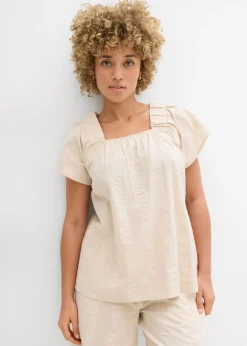 bonprix bonprix Blusa tipo túnica de milrayas de algodón Arena claro Clearance