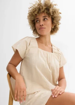 bonprix bonprix Blusa tipo túnica de milrayas de algodón Arena claro Clearance