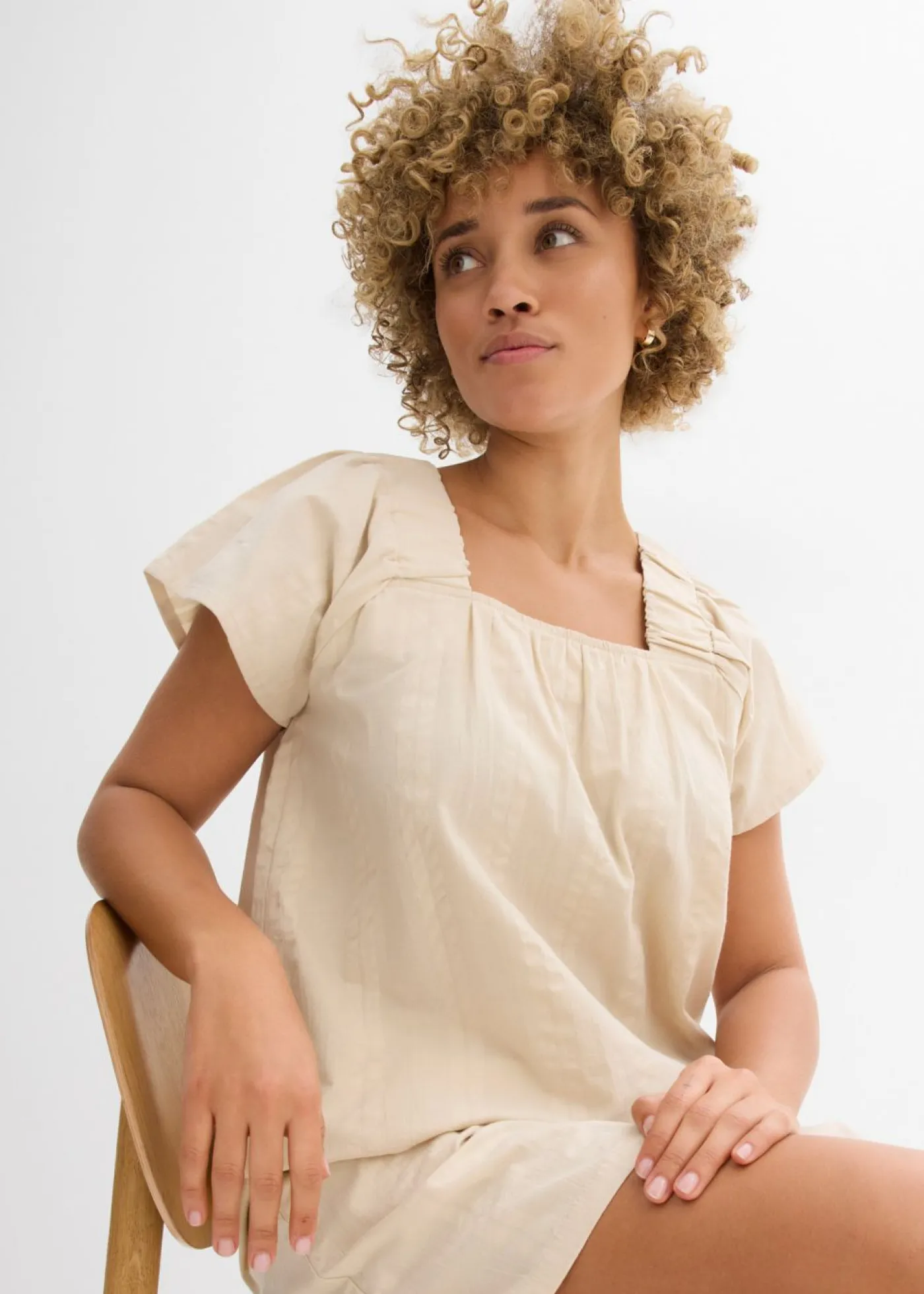 bonprix bonprix Blusa tipo túnica de milrayas de algodón Arena claro Clearance