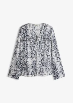 bonprix bonprix Blusa tipo túnica de satén vaporoso Negro-blanco con estampado de serpiente Outlet