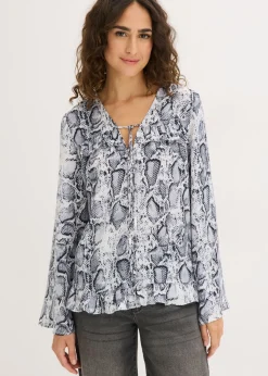 bonprix bonprix Blusa tipo túnica de satén vaporoso Negro-blanco con estampado de serpiente Outlet