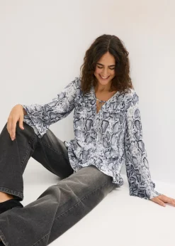 bonprix bonprix Blusa tipo túnica de satén vaporoso Negro-blanco con estampado de serpiente Outlet