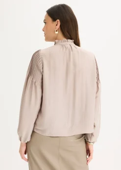 bonprix bonprix Blusa tipo túnica de satén brillante con ribetes Piedra Discount