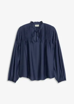 bonprix bonprix Blusa tipo túnica de satén brillante con ribetes Azul marino Outlet