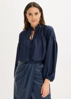 bonprix bonprix Blusa tipo túnica de satén brillante con ribetes Azul marino Outlet