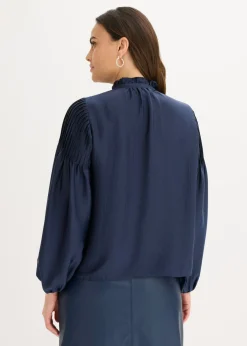 bonprix bonprix Blusa tipo túnica de satén brillante con ribetes Azul marino Outlet