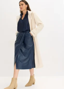 bonprix bonprix Blusa tipo túnica de satén brillante con ribetes Azul marino Outlet