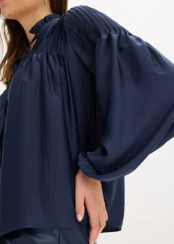 bonprix bonprix Blusa tipo túnica de satén brillante con ribetes Azul marino Outlet