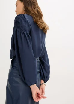 bonprix bonprix Blusa tipo túnica de satén brillante con ribetes Azul marino Outlet