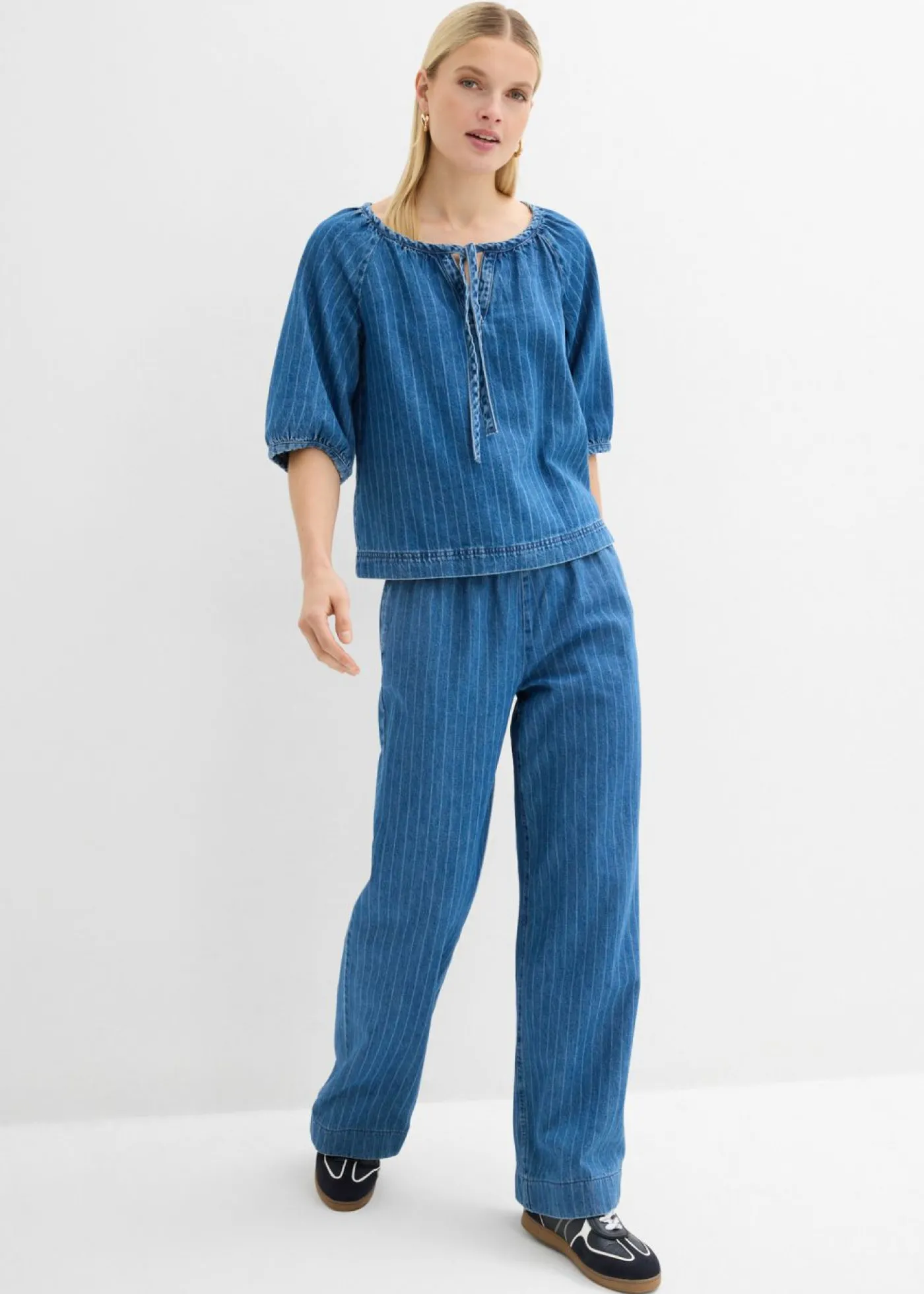 bonprix bonprix Blusa tipo túnica, vaquera, de algodón azul piedra con rayas Sale