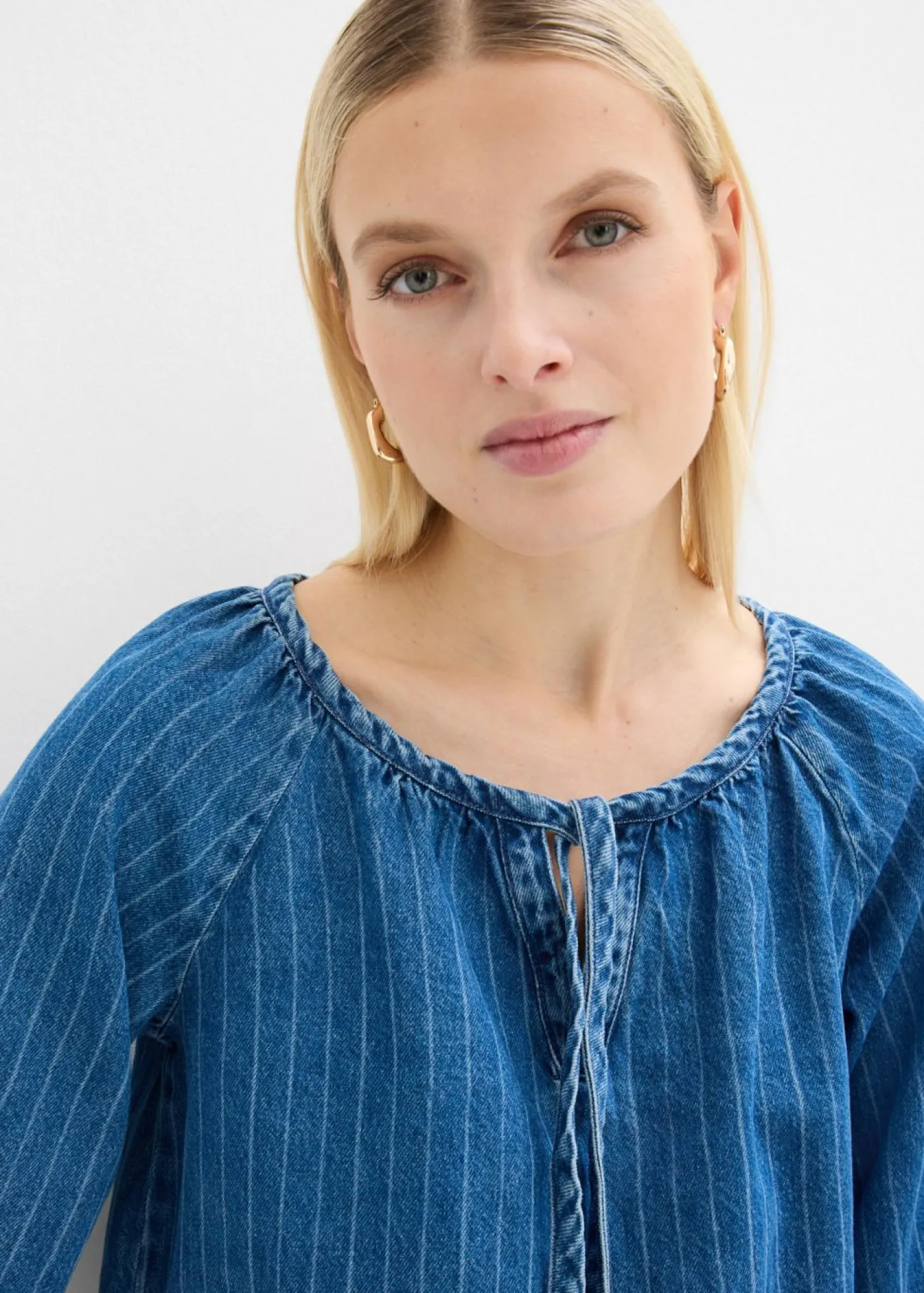 bonprix bonprix Blusa tipo túnica, vaquera, de algodón azul piedra con rayas Sale