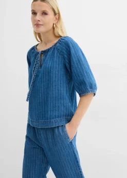 bonprix bonprix Blusa tipo túnica, vaquera, de algodón azul piedra con rayas Sale