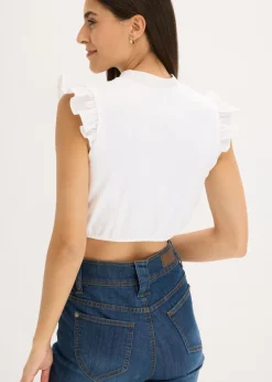 bonprix bonprix Blusa tirolesa con cuello alto y volantes en las mangas Blanco