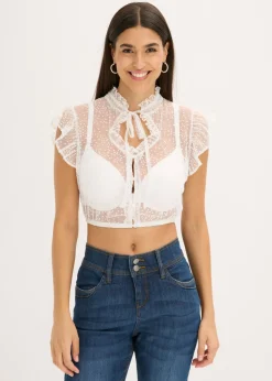 bonprix bonprix Blusa tirolesa de tul delicado con estampado de lunares Blanco Sale