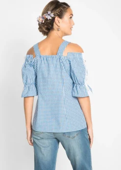 bonprix bonprix Blusa tradicional con media manga Azul claro-blanco de cuadros New