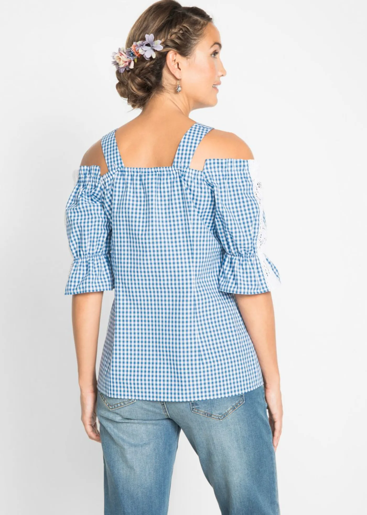 bonprix bonprix Blusa tradicional con media manga Azul claro-blanco de cuadros New