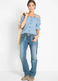 bonprix bonprix Blusa tradicional con media manga Azul claro-blanco de cuadros New