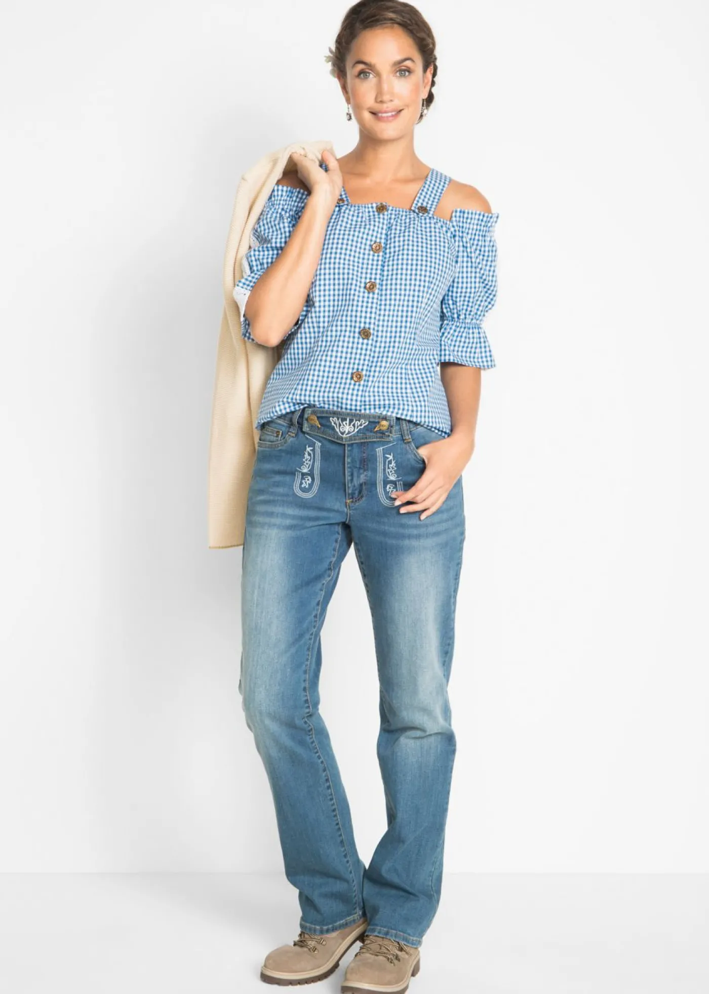 bonprix bonprix Blusa tradicional con media manga Azul claro-blanco de cuadros New