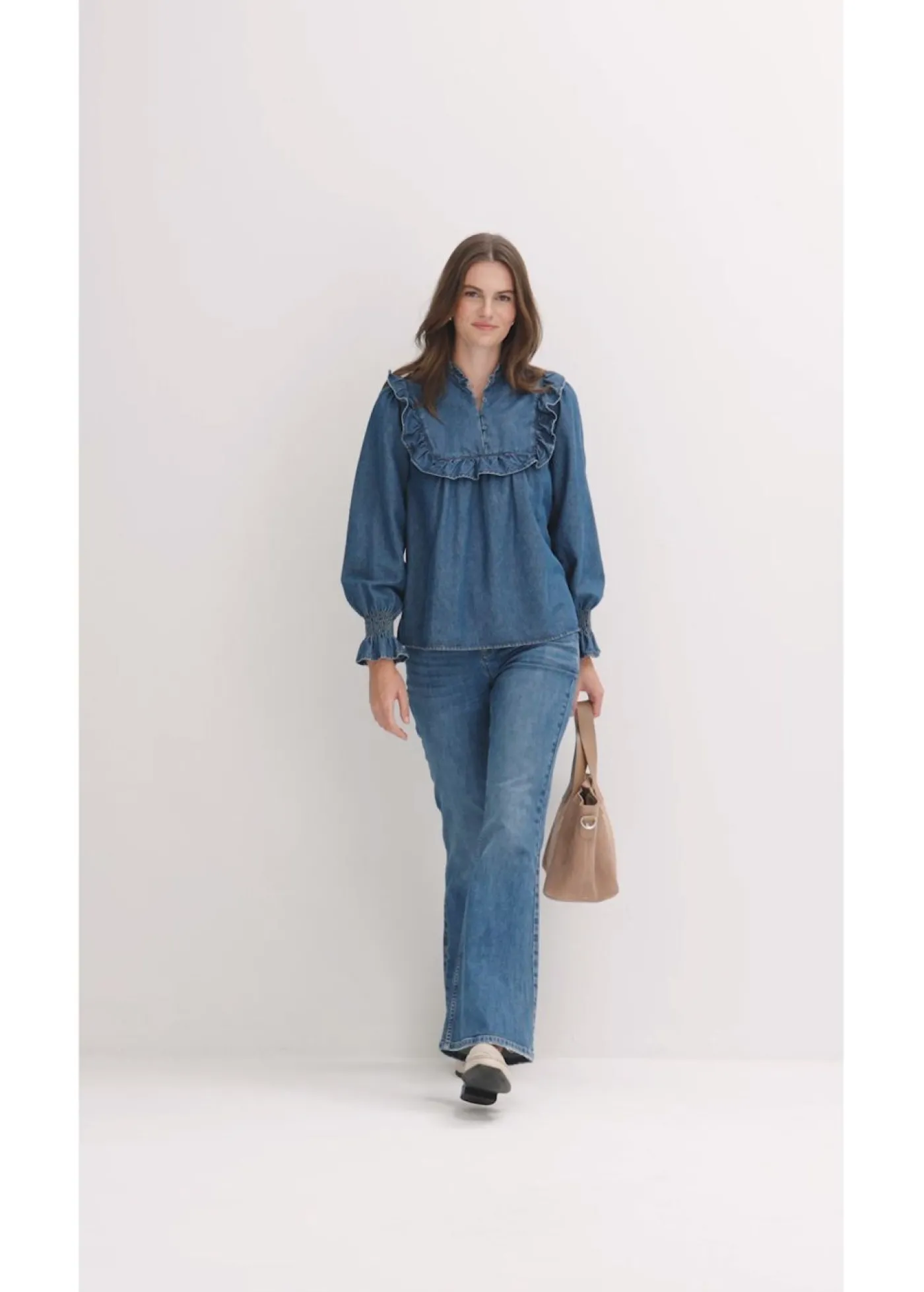 bonprix bonprix Blusa vaquera con volantes Azul piedra usado
