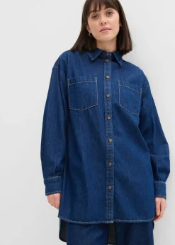 bonprix bonprix Blusa vaquera de tejido vaquero grueso de algodón puro con corte holgado Azul oscuro denim Sale