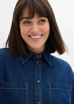 bonprix bonprix Blusa vaquera de tejido vaquero grueso de algodón puro con corte holgado Azul oscuro denim Sale