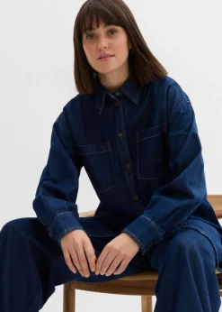 bonprix bonprix Blusa vaquera de tejido vaquero grueso de algodón puro con corte holgado Azul oscuro denim Sale