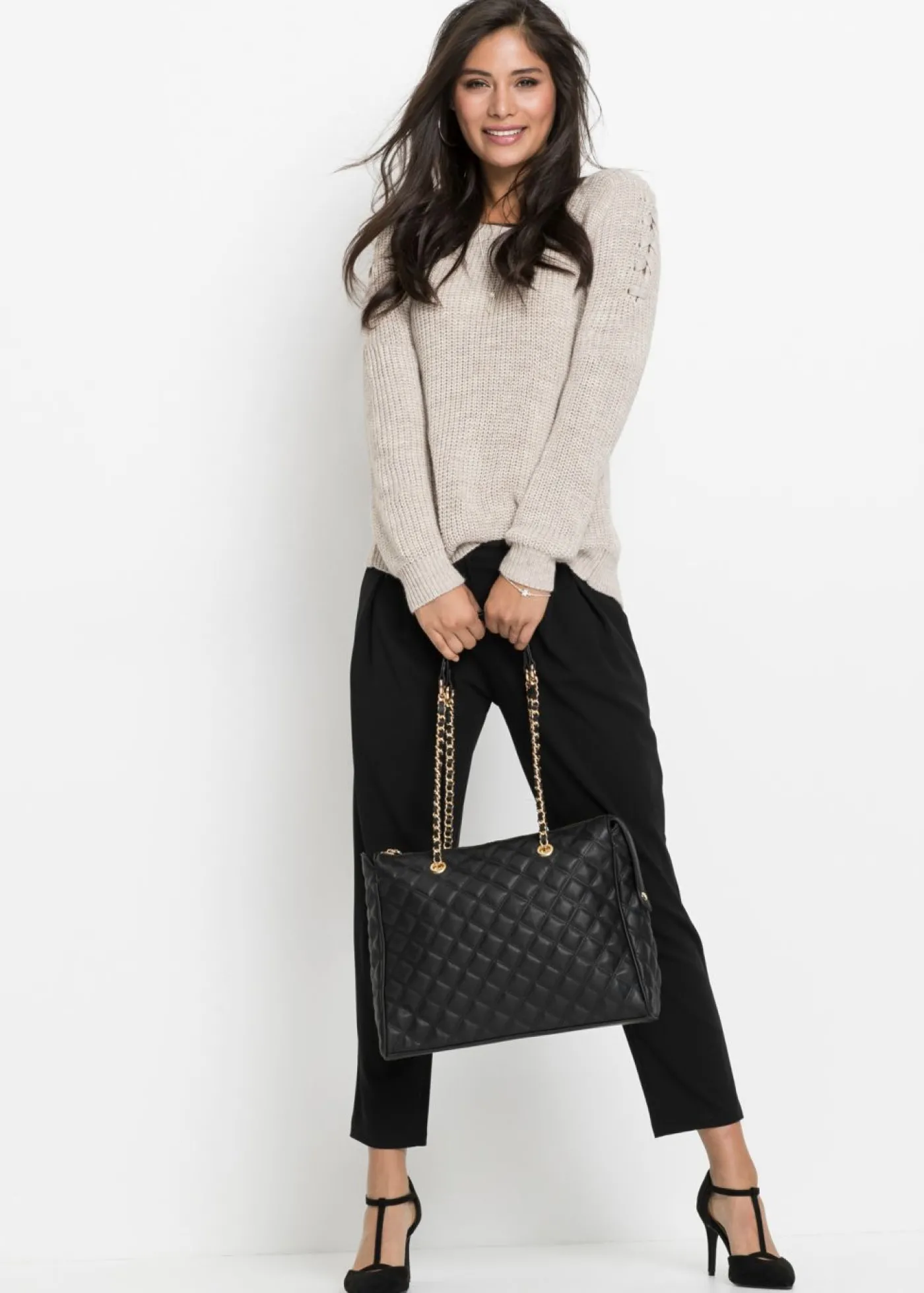 bonprix bonprix Bolso de mano con pespunte decorativo Negro-dorado Outlet