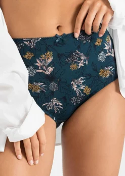 bonprix bonprix Braga de talle alto con algodón orgánico (4 unidades) Azul petróleo de flores + azul petróleo oscuro + azul ahumado Sale