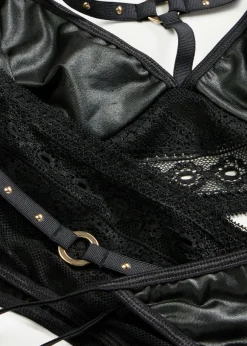 bonprix VENUS Bralette + tanga + sujetador con tirantes con efecto mojado (3 piezas) Negro Hot
