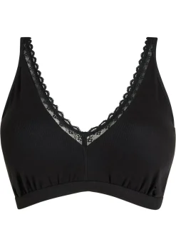 bonprix bonprix Bralette de canalé de algodón orgánico con encaje Negro Online