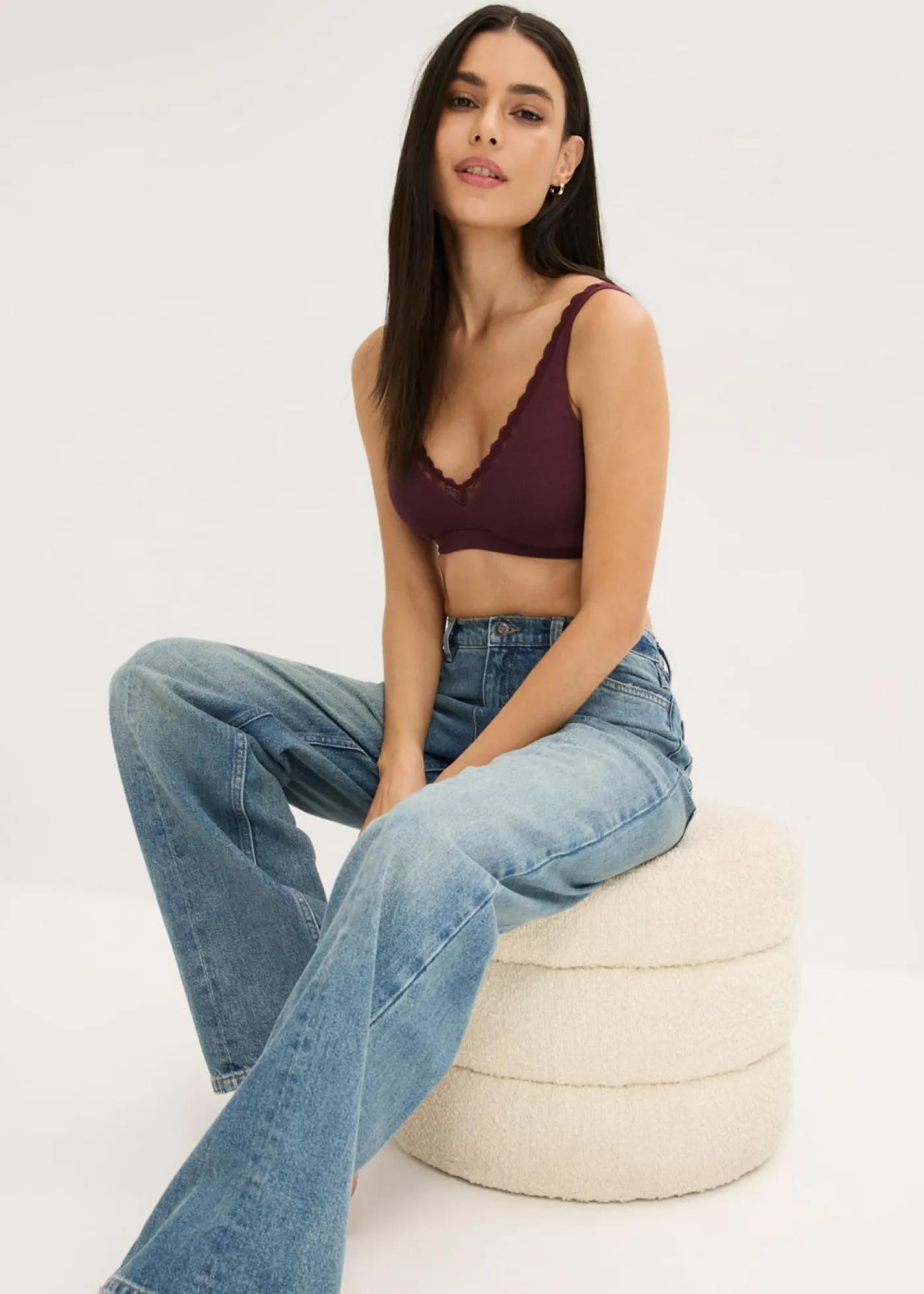 bonprix bonprix Bralette de canalé de algodón orgánico con encaje rojo burdeos Outlet