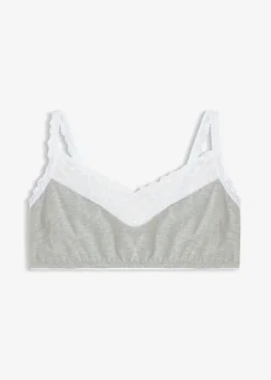 bonprix bonprix Bralette sin aros con algodón y encaje Gris claro jaspeado-blanco Discount