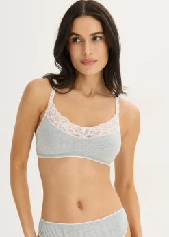 bonprix bonprix Bralette sin aros con algodón y encaje Gris claro jaspeado-blanco Discount