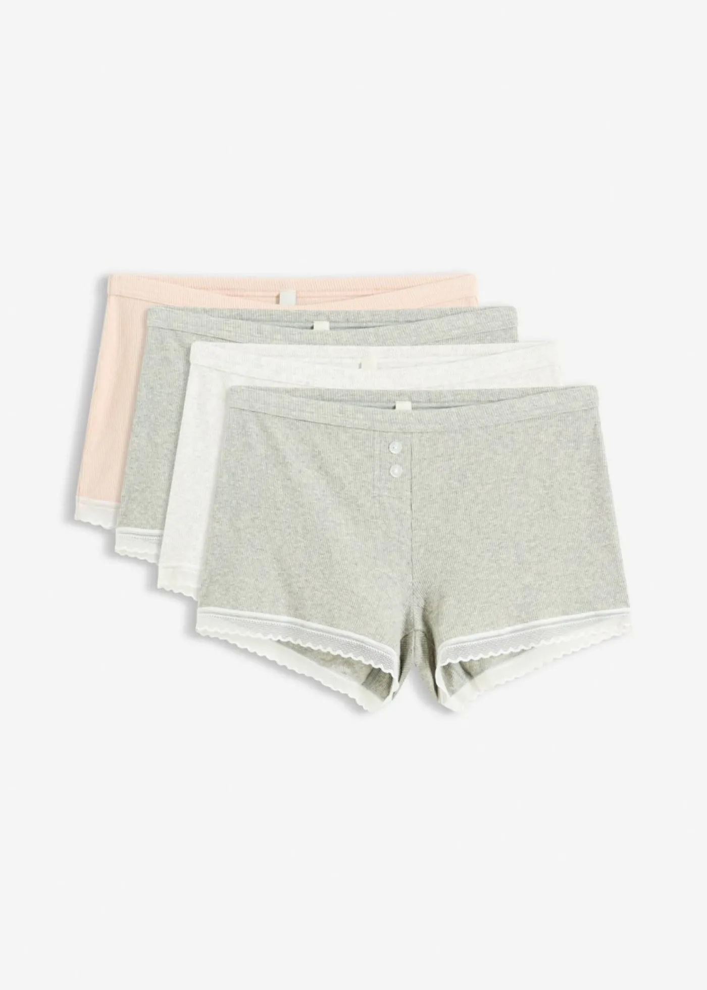bonprix bonprix Bóxers acanalados con encaje para mujeres (4 unidades) gris claro jaspeado-rosa seda-natural jaspeado