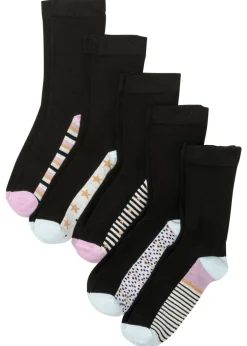 bonprix bonprix Calcetines con puños sin presión (5 pares) de algodón orgánico Negro estampado Sale