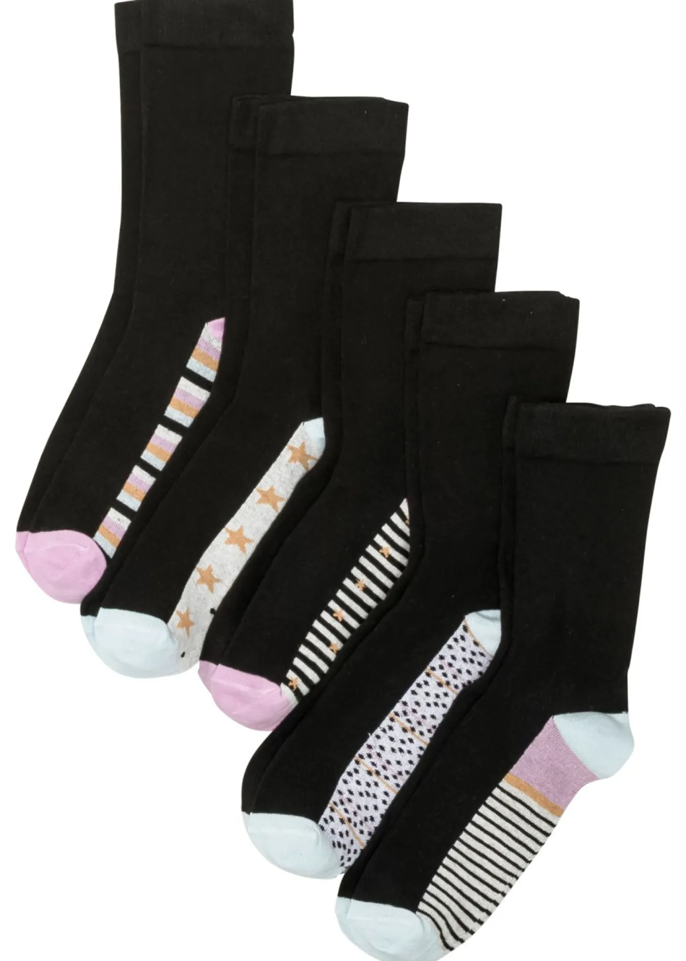 bonprix bonprix Calcetines con puños sin presión (5 pares) de algodón orgánico Negro estampado Sale