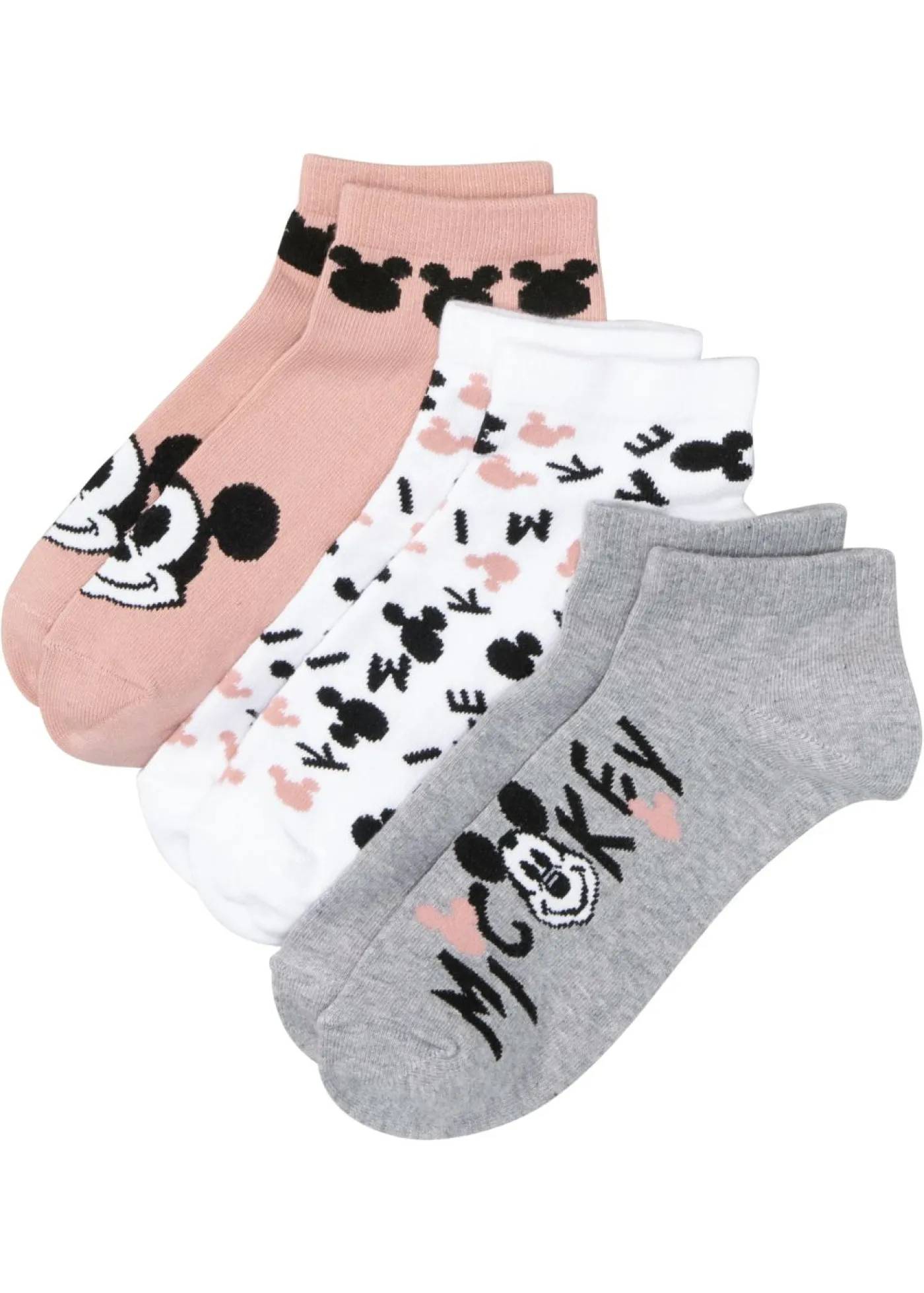 bonprix Disney Calcetines cortos de Mickey Mouse (3 pares) Gris jaspeado-negro-blanco