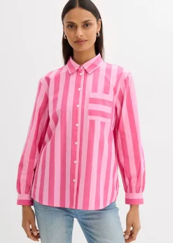 bonprix bonprix Camisa de algodón orgánico puro Pink lady-rosa rayas verticales Sale
