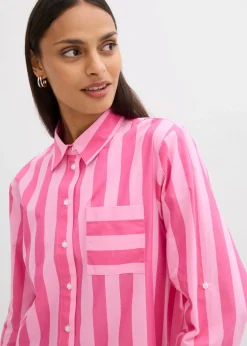 bonprix bonprix Camisa de algodón orgánico puro Pink lady-rosa rayas verticales Sale
