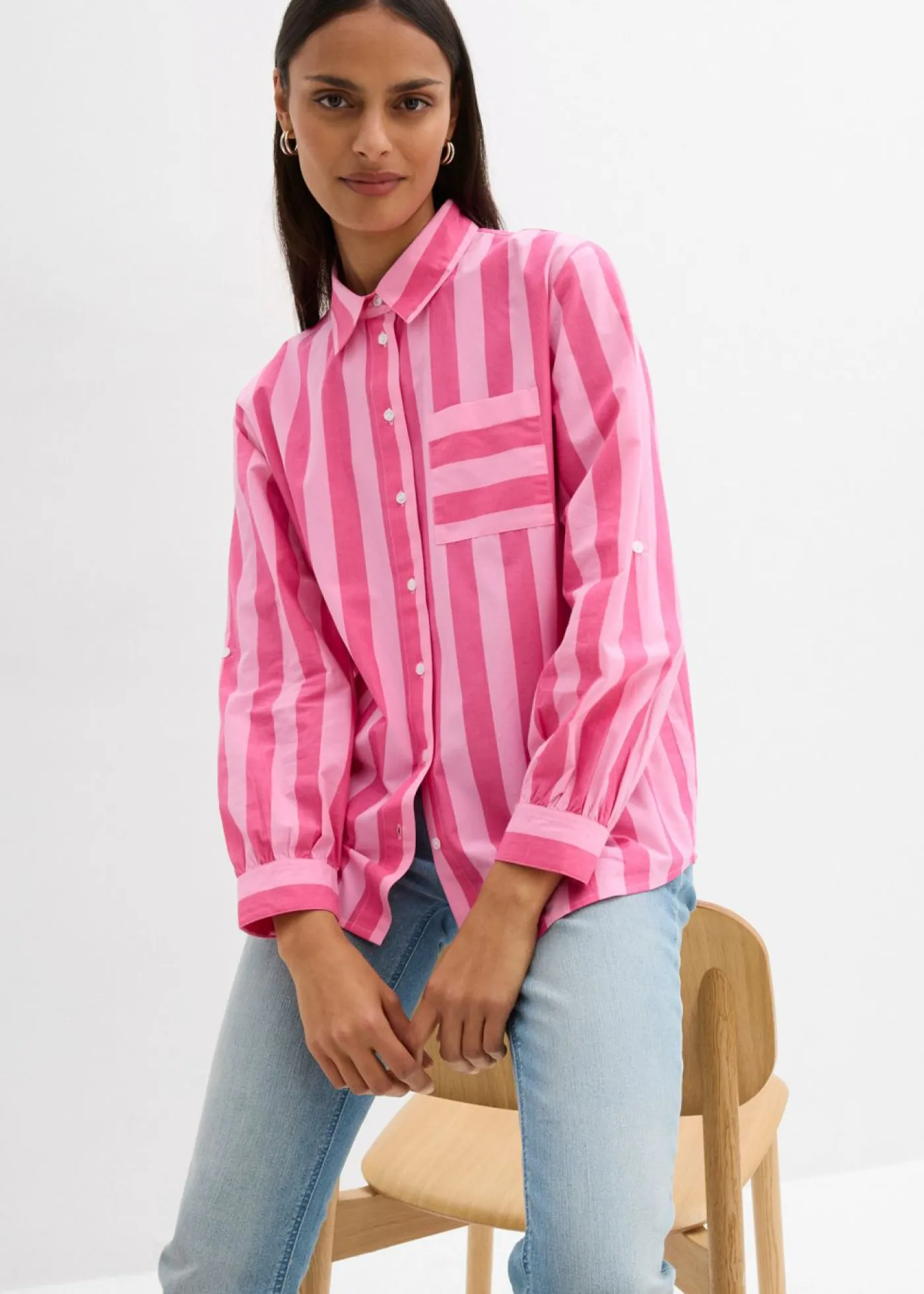 bonprix bonprix Camisa de algodón orgánico puro Pink lady-rosa rayas verticales Sale